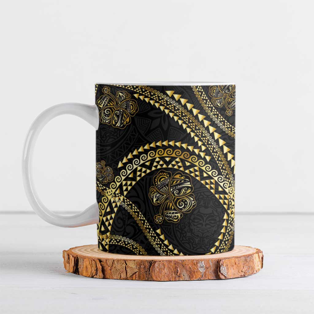 Hawaiian Kakau Art and Hisbiscus Tattoo Ceramic Mug Tribal Pattern-Gold Style LT03 Black - Polynesian Pride
