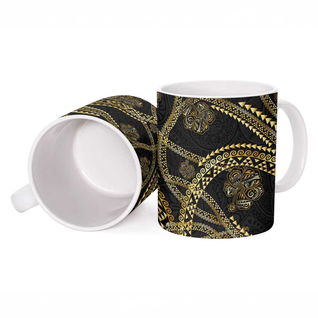 Hawaiian Kakau Art and Hisbiscus Tattoo Ceramic Mug Tribal Pattern-Gold Style LT03 - Polynesian Pride