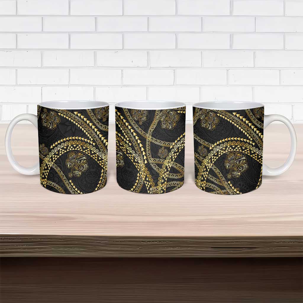 Hawaiian Kakau Art and Hisbiscus Tattoo Ceramic Mug Tribal Pattern-Gold Style LT03 - Polynesian Pride