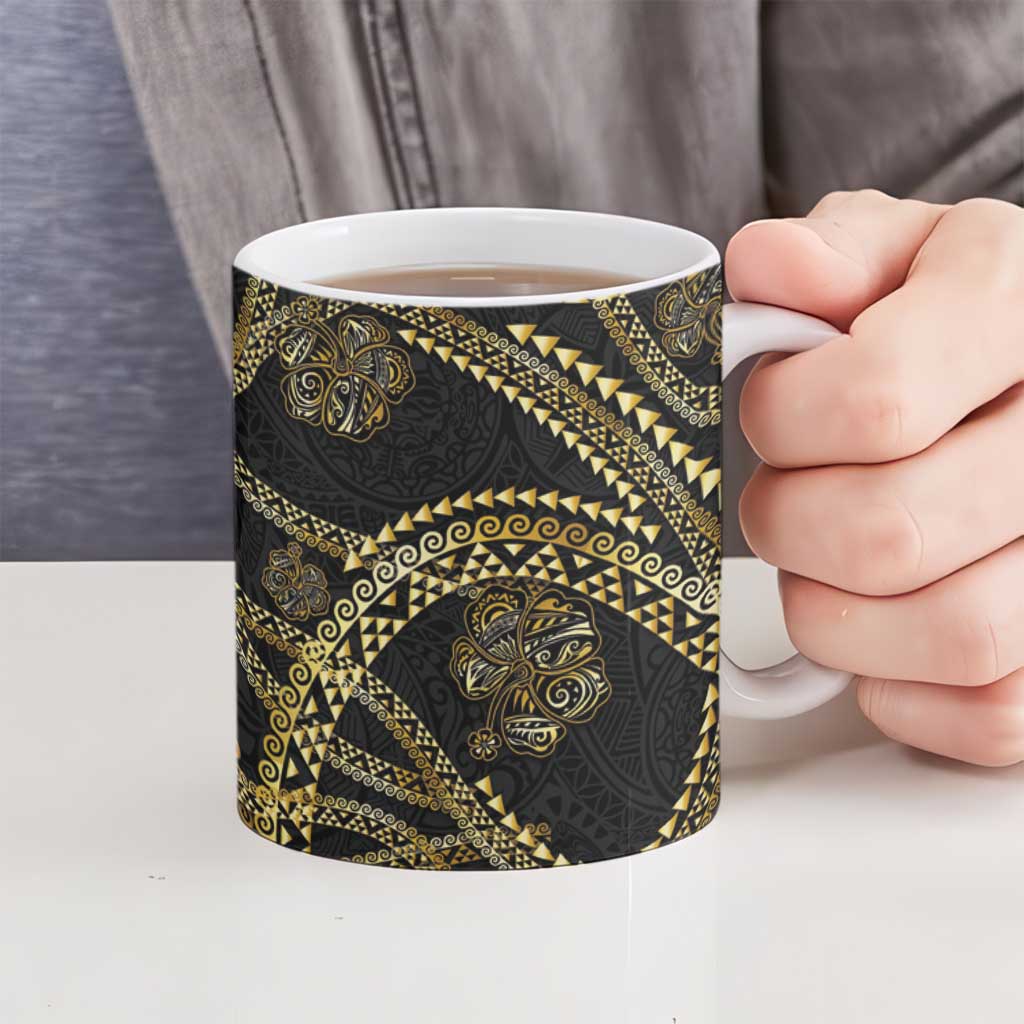 Hawaiian Kakau Art and Hisbiscus Tattoo Ceramic Mug Tribal Pattern-Gold Style LT03 - Polynesian Pride