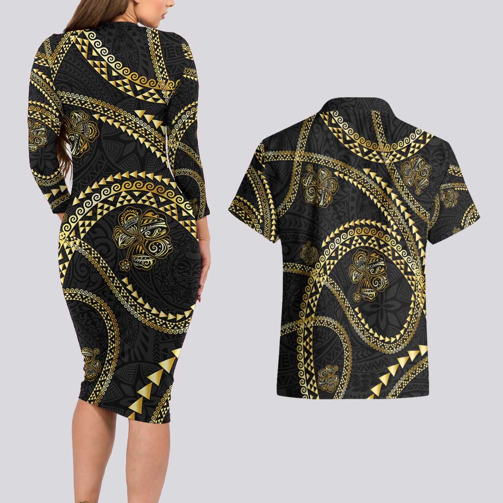 Hawaiian Kakau Art and Hisbiscus Tattoo Couples Matching Long Sleeve Bodycon Dress and Hawaiian Shirt Tribal Pattern-Gold Style LT03 - Polynesian Pride
