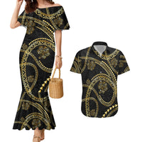 Hawaiian Kakau Art and Hisbiscus Tattoo Couples Matching Mermaid Dress and Hawaiian Shirt Tribal Pattern-Gold Style LT03 Black - Polynesian Pride