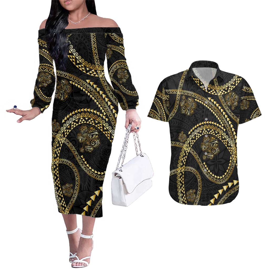 Hawaiian Kakau Art and Hisbiscus Tattoo Couples Matching Off The Shoulder Long Sleeve Dress and Hawaiian Shirt Tribal Pattern-Gold Style LT03 Black - Polynesian Pride