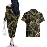 Hawaiian Kakau Art and Hisbiscus Tattoo Couples Matching Off The Shoulder Long Sleeve Dress and Hawaiian Shirt Tribal Pattern-Gold Style LT03 - Polynesian Pride