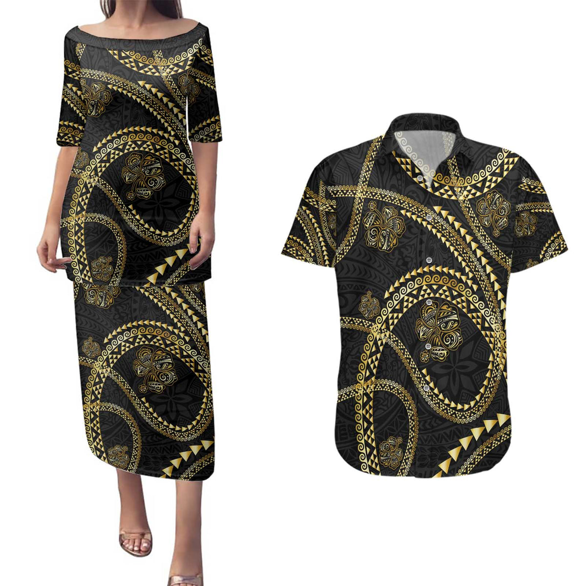Hawaiian Kakau Art and Hisbiscus Tattoo Couples Matching Puletasi and Hawaiian Shirt Tribal Pattern-Gold Style - Polynesian Pride