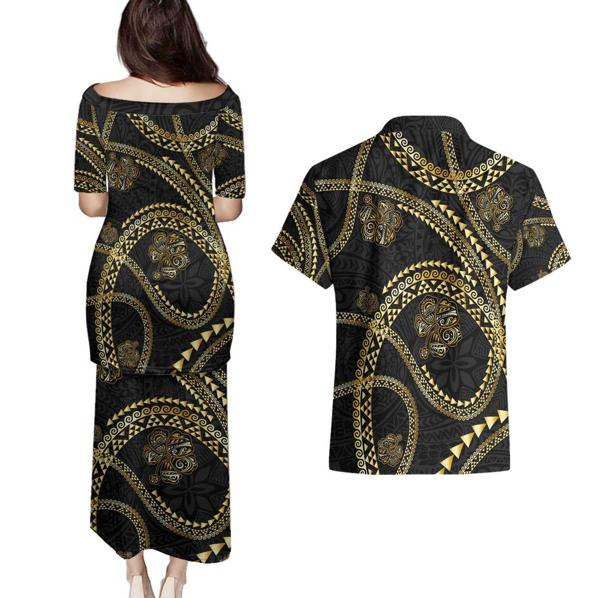 Hawaiian Kakau Art and Hisbiscus Tattoo Couples Matching Puletasi and Hawaiian Shirt Tribal Pattern-Gold Style - Polynesian Pride