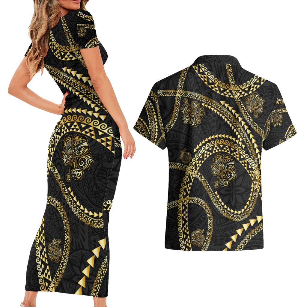 Hawaiian Kakau Art and Hisbiscus Tattoo Couples Matching Short Sleeve Bodycon Dress and Hawaiian Shirt Tribal Pattern-Gold Style LT03 - Polynesian Pride