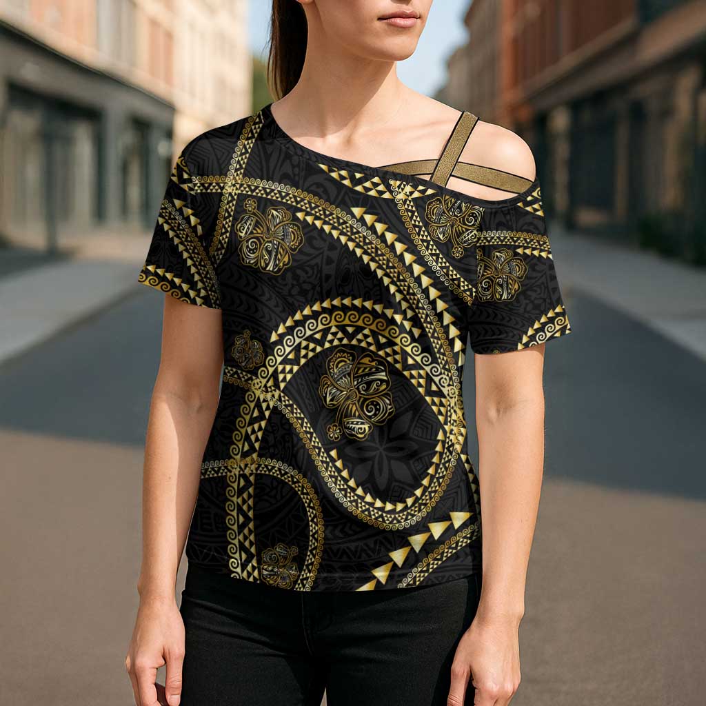 Hawaiian Kakau Art and Hisbiscus Tattoo Cross Shoulder Shirt Tribal Pattern-Gold Style - Polynesian Pride