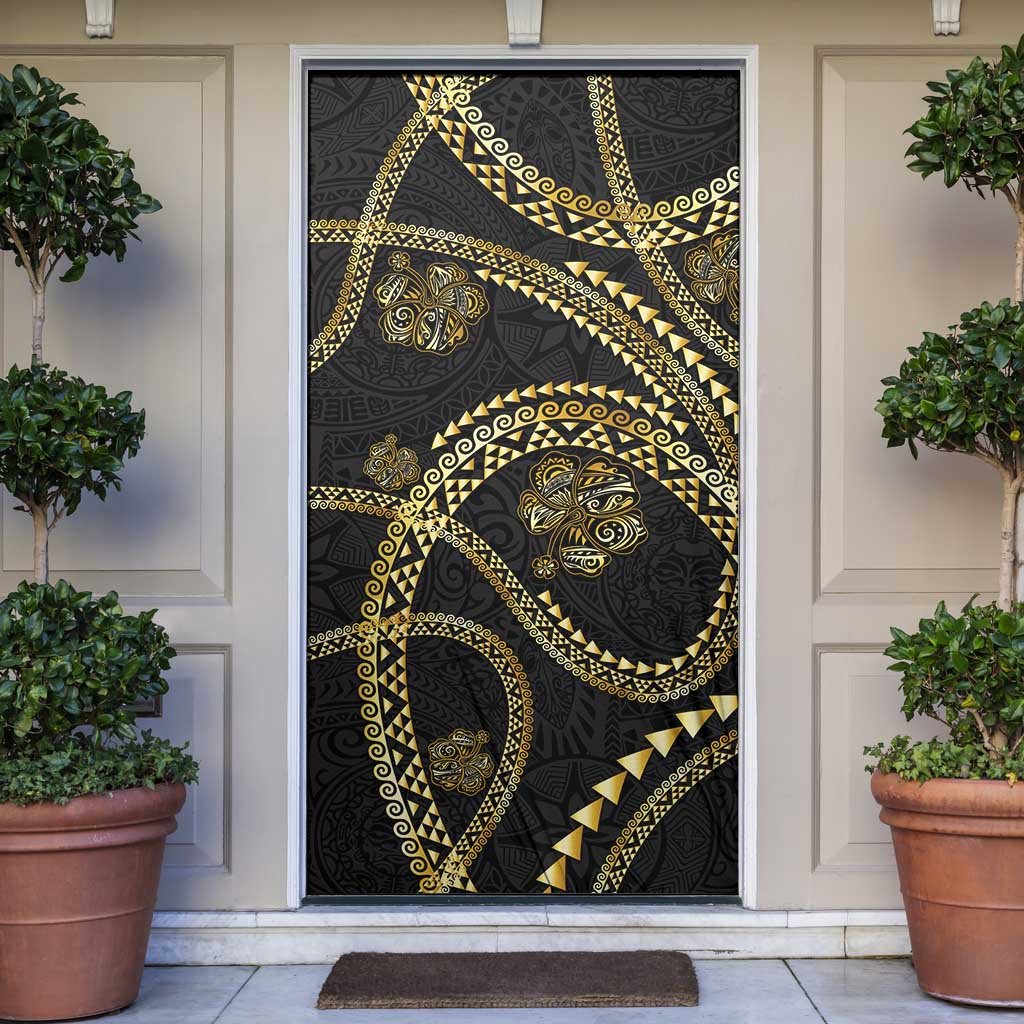 Hawaiian Kakau Art and Hisbiscus Tattoo Door Cover Tribal Pattern-Gold Style LT03 Black - Polynesian Pride
