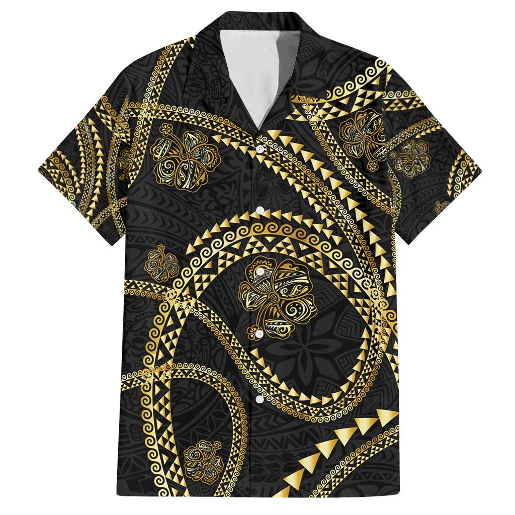 Hawaiian Kakau Art and Hisbiscus Tattoo Family Matching Long Sleeve Bodycon Dress and Hawaiian Shirt Tribal Pattern-Gold Style LT03 Dad's Shirt - Short Sleeve Black - Polynesian Pride