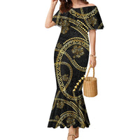 Hawaiian Kakau Art and Hisbiscus Tattoo Family Matching Mermaid Dress and Hawaiian Shirt Tribal Pattern-Gold Style LT03 Mom's Dress Black - Polynesian Pride