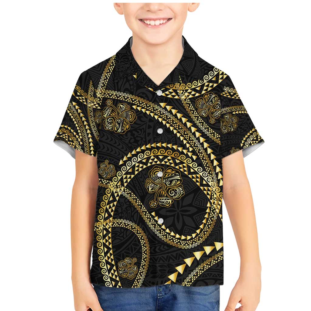 Hawaiian Kakau Art and Hisbiscus Tattoo Family Matching Mermaid Dress and Hawaiian Shirt Tribal Pattern-Gold Style LT03 Son's Shirt Black - Polynesian Pride