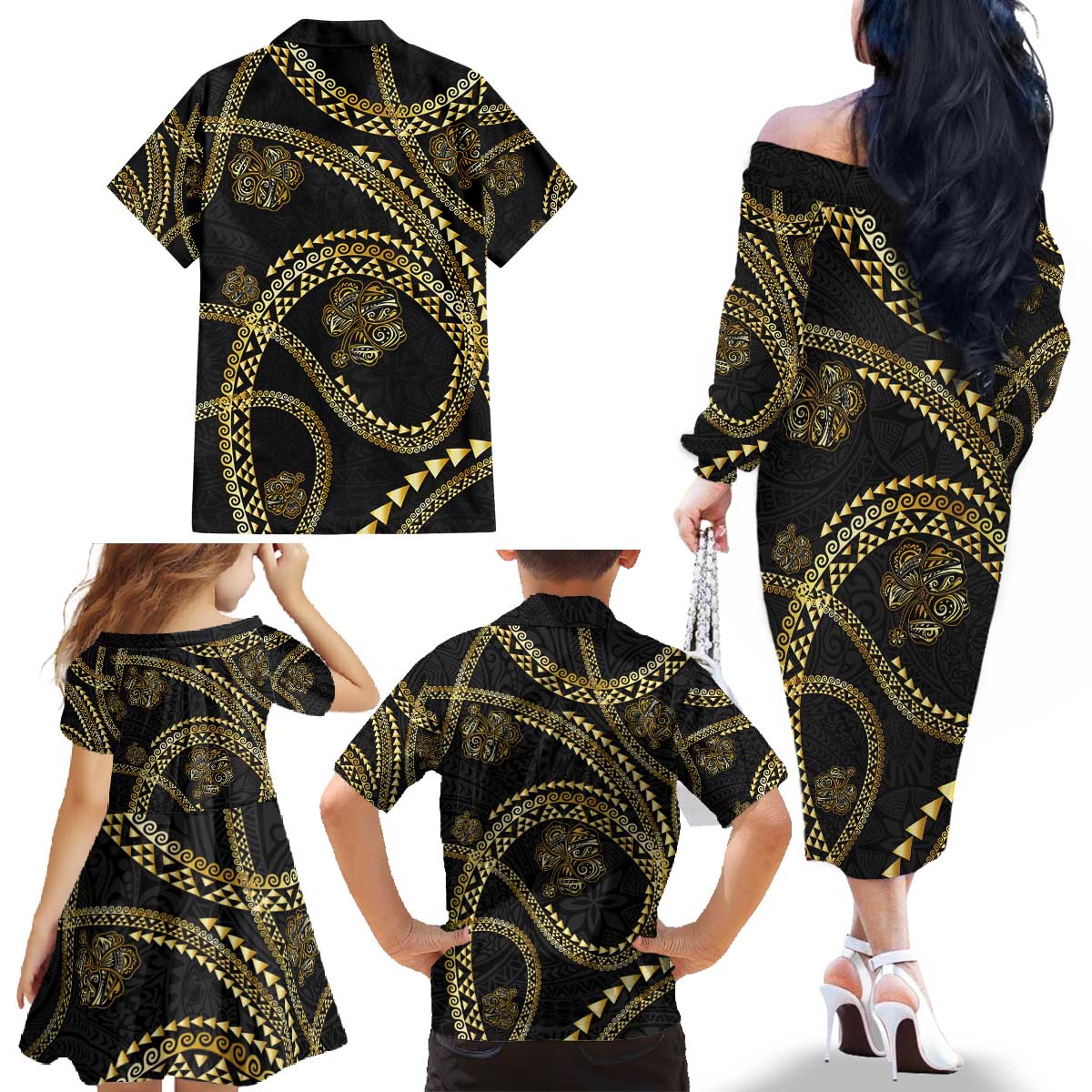 Hawaiian Kakau Art and Hisbiscus Tattoo Family Matching Off The Shoulder Long Sleeve Dress and Hawaiian Shirt Tribal Pattern-Gold Style LT03 - Polynesian Pride