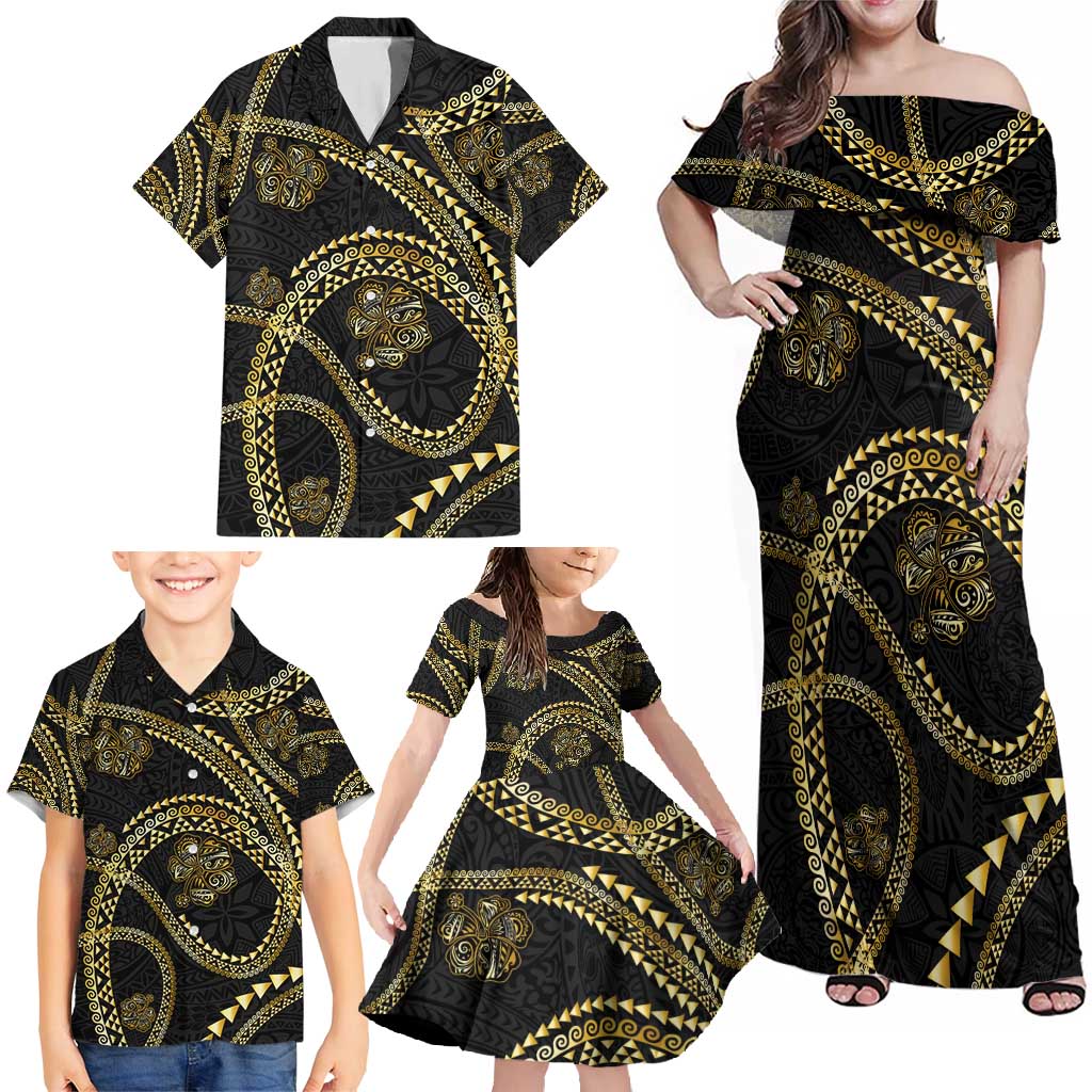 Hawaiian Kakau Art and Hisbiscus Tattoo Family Matching Off Shoulder Maxi Dress and Hawaiian Shirt Tribal Pattern-Gold Style LT03 - Polynesian Pride