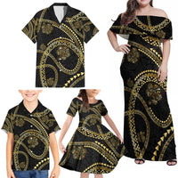 Hawaiian Kakau Art and Hisbiscus Tattoo Family Matching Off Shoulder Maxi Dress and Hawaiian Shirt Tribal Pattern-Gold Style LT03 - Polynesian Pride