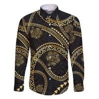 Hawaiian Kakau Art and Hisbiscus Tattoo Family Matching Off Shoulder Maxi Dress and Hawaiian Shirt Tribal Pattern-Gold Style LT03 Dad's Shirt - Long Sleeve Black - Polynesian Pride
