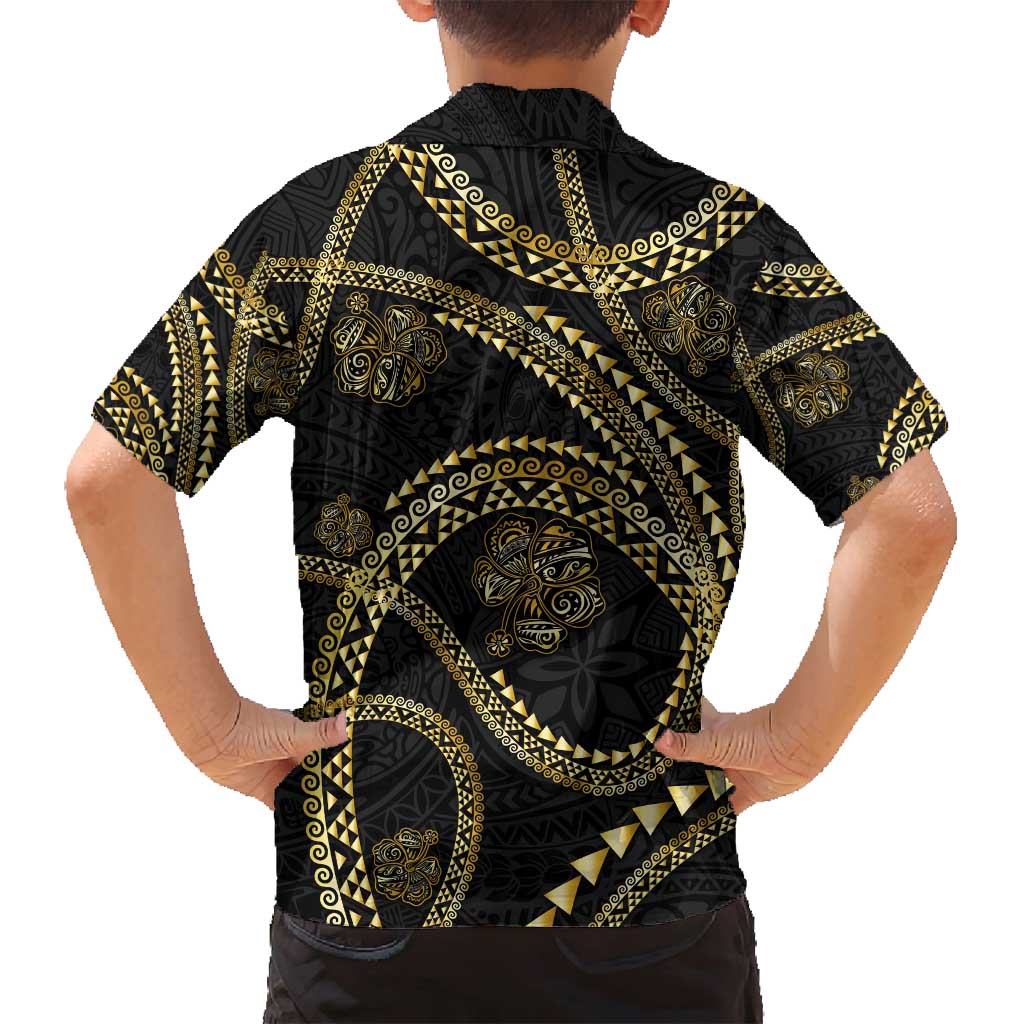 Hawaiian Kakau Art and Hisbiscus Tattoo Family Matching Off Shoulder Short Dress and Hawaiian Shirt Tribal Pattern-Gold Style LT03 - Polynesian Pride