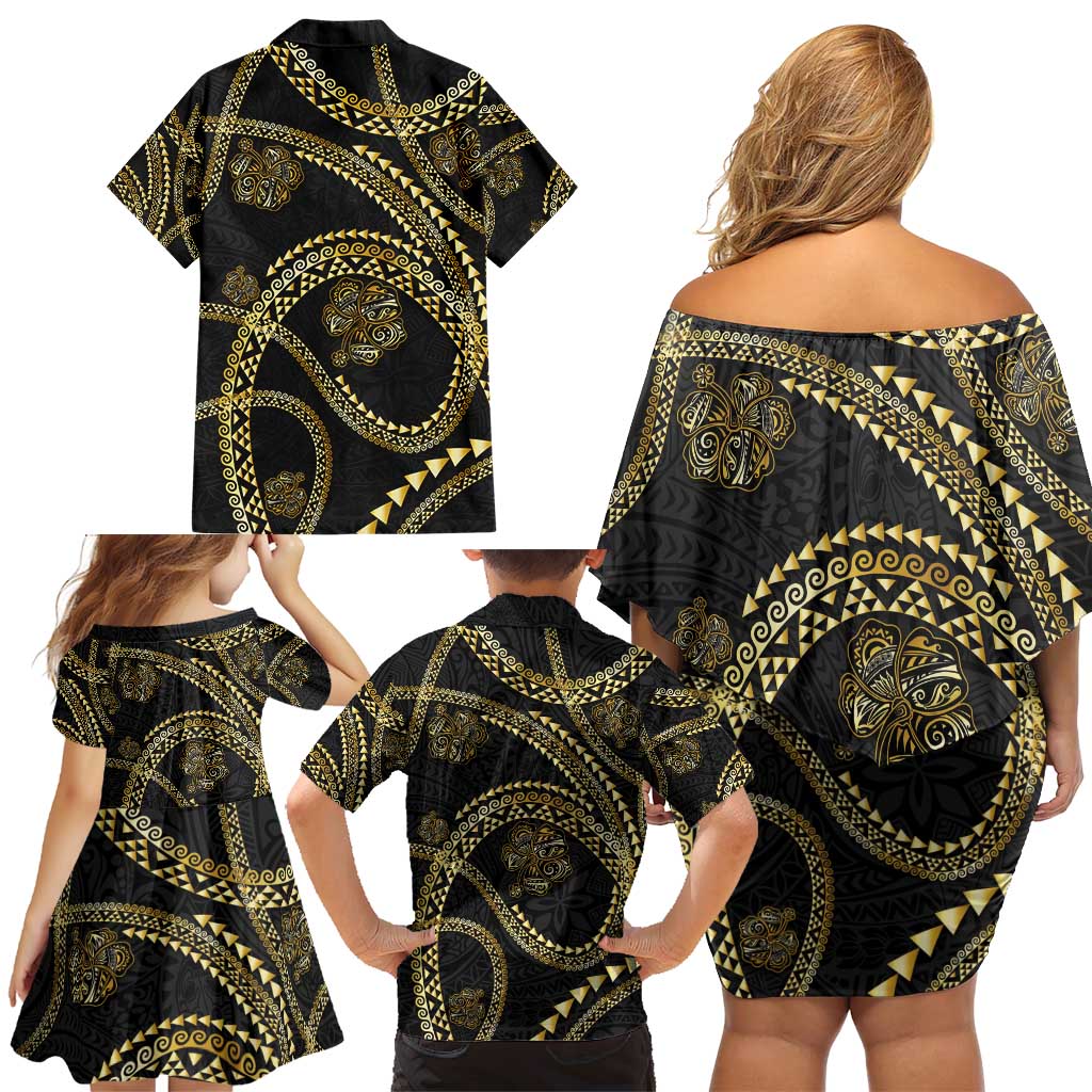 Hawaiian Kakau Art and Hisbiscus Tattoo Family Matching Off Shoulder Short Dress and Hawaiian Shirt Tribal Pattern-Gold Style LT03 - Polynesian Pride