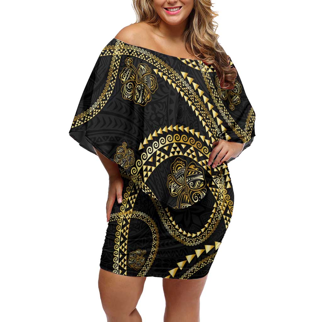 Hawaiian Kakau Art and Hisbiscus Tattoo Family Matching Off Shoulder Short Dress and Hawaiian Shirt Tribal Pattern-Gold Style LT03 Mom's Dress Black - Polynesian Pride