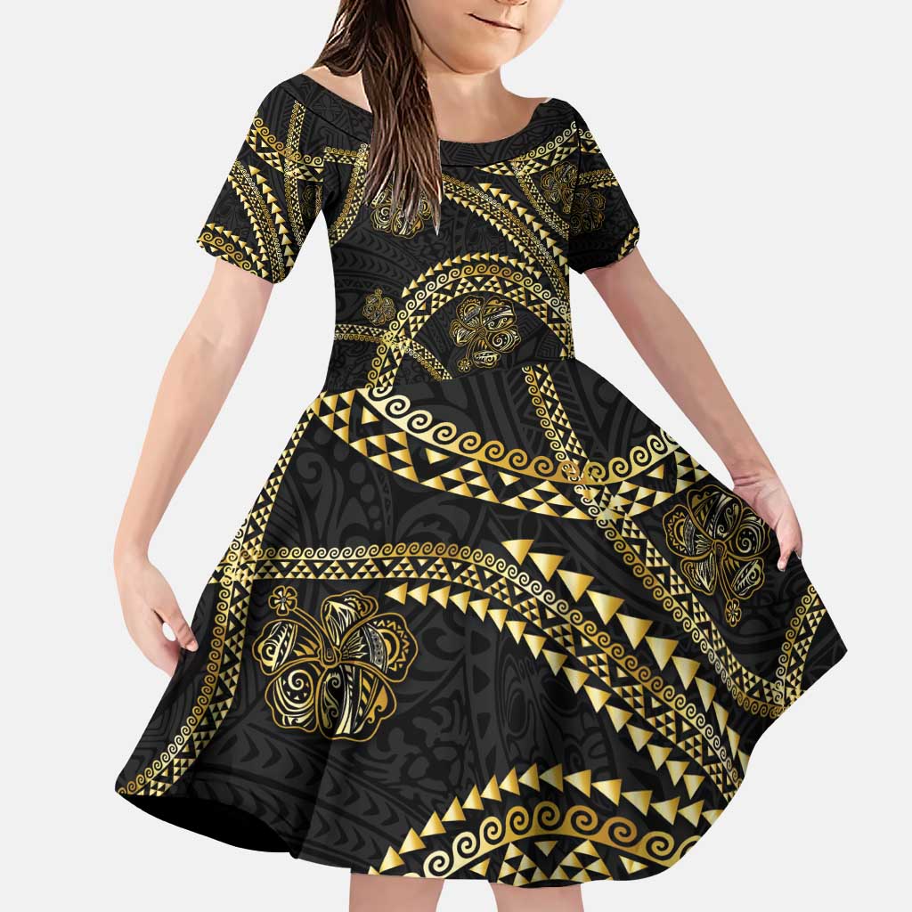 Hawaiian Kakau Art and Hisbiscus Tattoo Family Matching Puletasi and Hawaiian Shirt Tribal Pattern-Gold Style LT03 Daughter's Dress Black - Polynesian Pride
