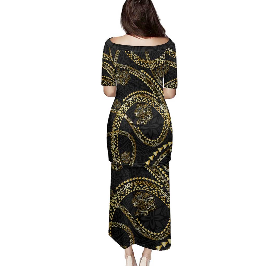 Hawaiian Kakau Art and Hisbiscus Tattoo Family Matching Puletasi and Hawaiian Shirt Tribal Pattern-Gold Style LT03 - Polynesian Pride