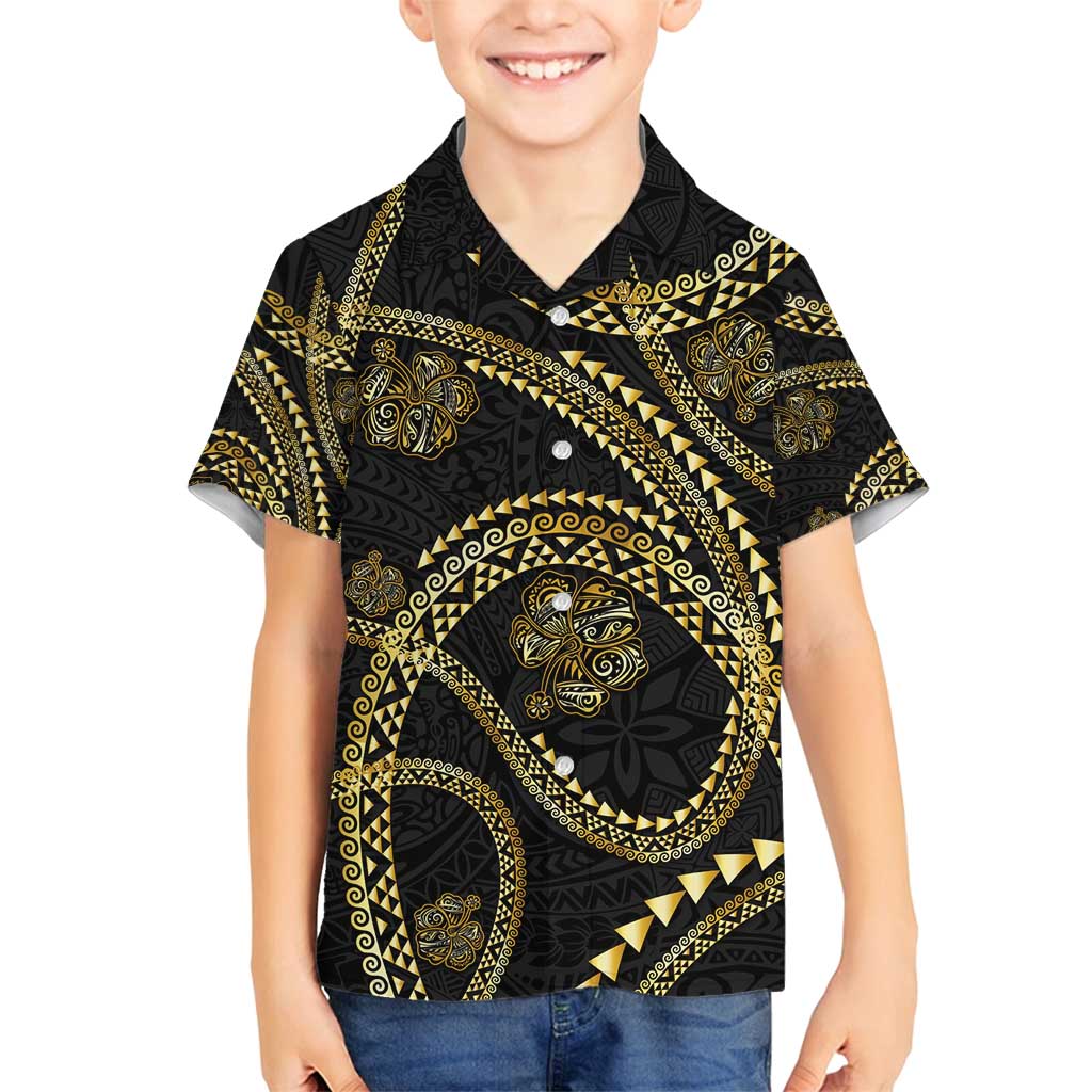 Hawaiian Kakau Art and Hisbiscus Tattoo Family Matching Puletasi and Hawaiian Shirt Tribal Pattern-Gold Style LT03 Son's Shirt Black - Polynesian Pride