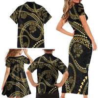 Hawaiian Kakau Art and Hisbiscus Tattoo Family Matching Short Sleeve Bodycon Dress and Hawaiian Shirt Tribal Pattern-Gold Style LT03 - Polynesian Pride