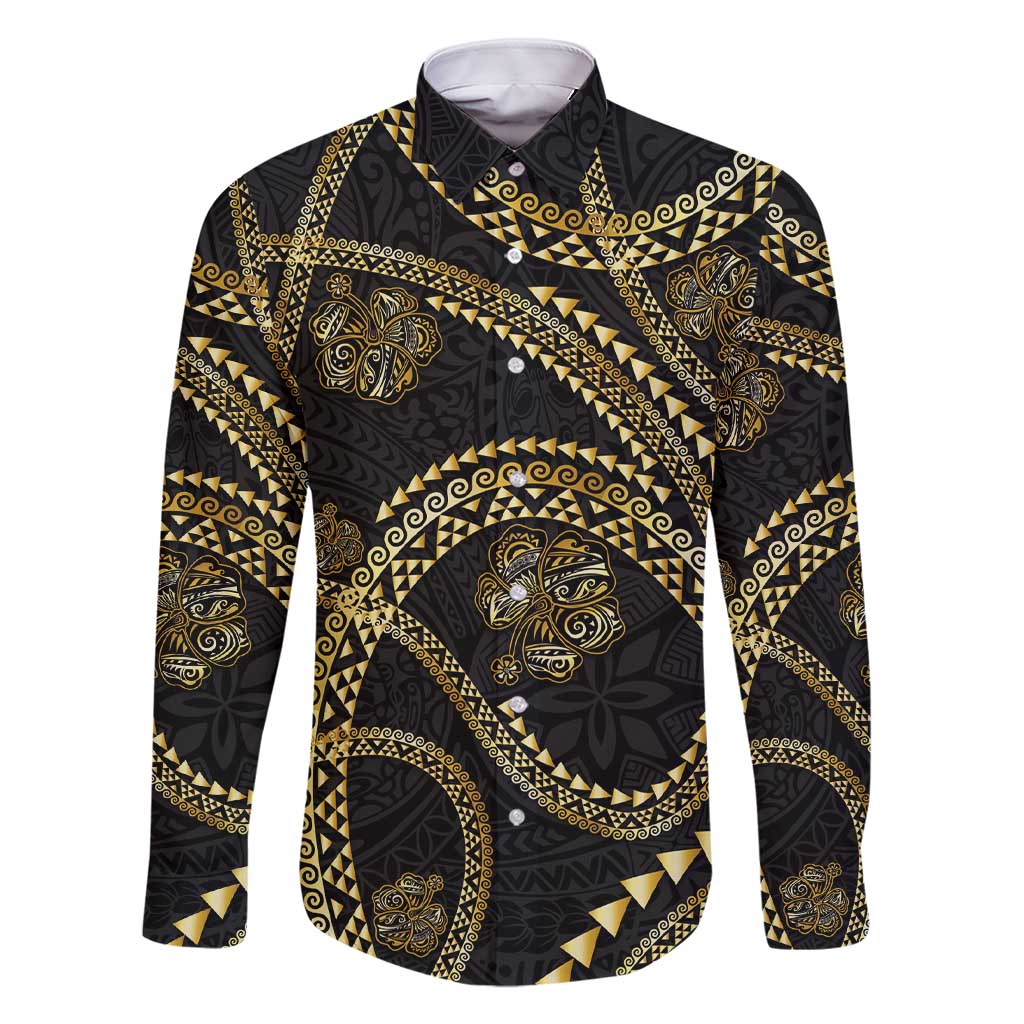 Hawaiian Kakau Art and Hisbiscus Tattoo Family Matching Short Sleeve Bodycon Dress and Hawaiian Shirt Tribal Pattern-Gold Style LT03 Dad's Shirt - Long Sleeve Black - Polynesian Pride