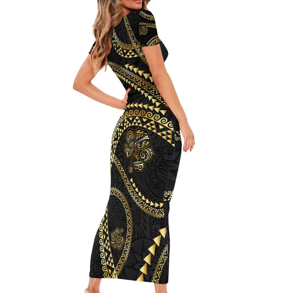 Hawaiian Kakau Art and Hisbiscus Tattoo Family Matching Short Sleeve Bodycon Dress and Hawaiian Shirt Tribal Pattern-Gold Style LT03 - Polynesian Pride