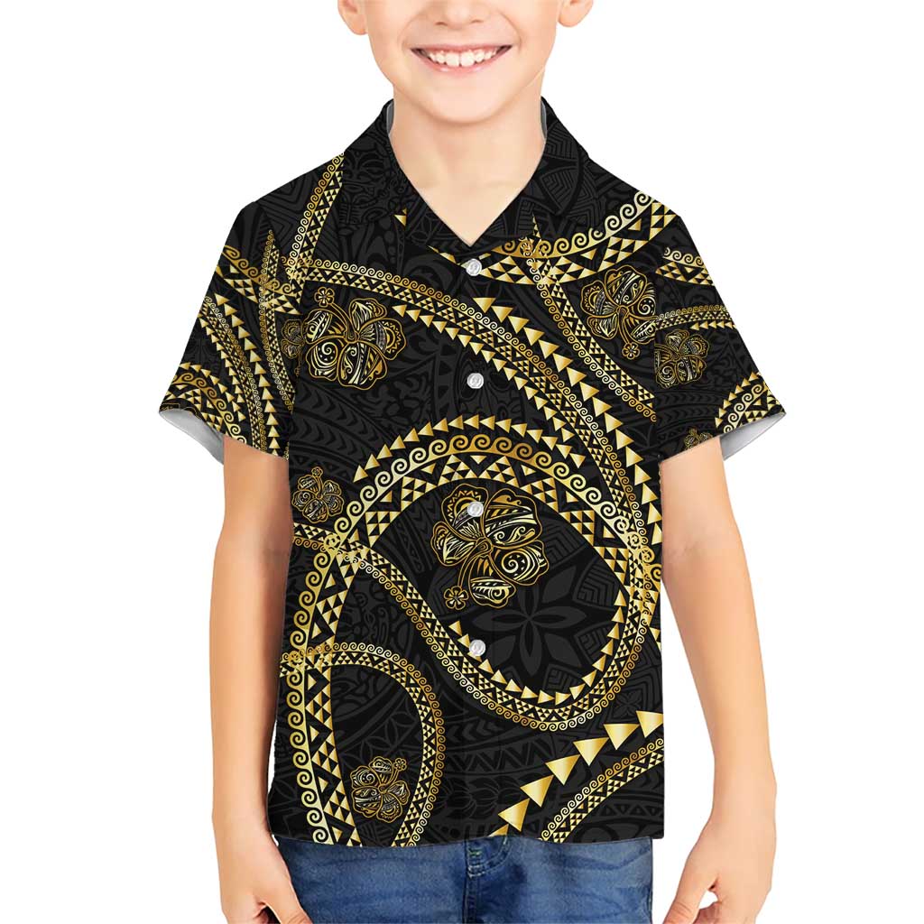 Hawaiian Kakau Art and Hisbiscus Tattoo Family Matching Short Sleeve Bodycon Dress and Hawaiian Shirt Tribal Pattern-Gold Style LT03 Son's Shirt Black - Polynesian Pride