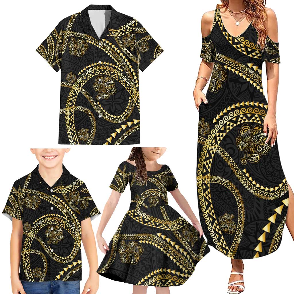 Hawaiian Kakau Art and Hisbiscus Tattoo Family Matching Summer Maxi Dress and Hawaiian Shirt Tribal Pattern-Gold Style LT03 - Polynesian Pride