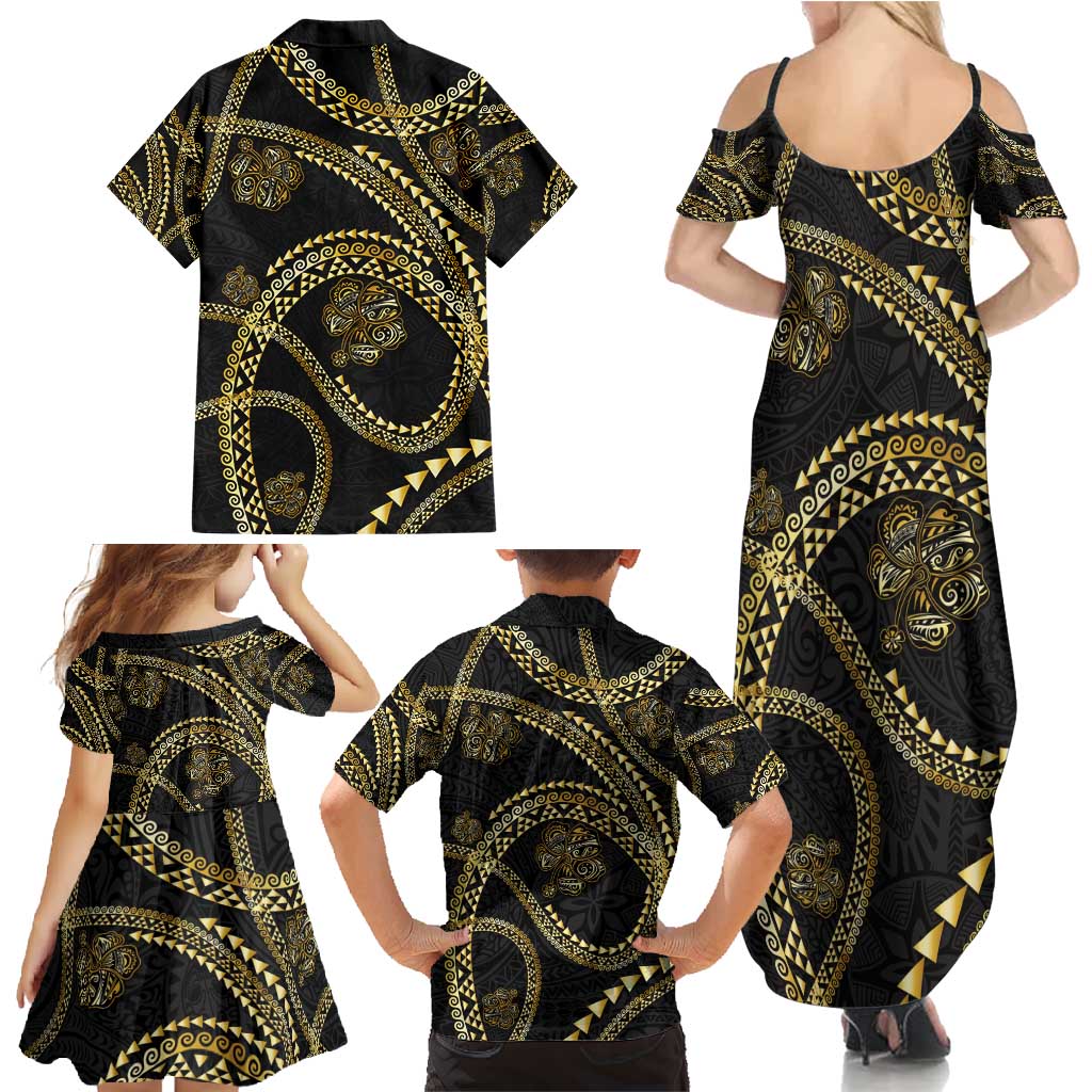 Hawaiian Kakau Art and Hisbiscus Tattoo Family Matching Summer Maxi Dress and Hawaiian Shirt Tribal Pattern-Gold Style LT03 - Polynesian Pride