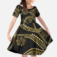 Hawaiian Kakau Art and Hisbiscus Tattoo Family Matching Tank Maxi Dress and Hawaiian Shirt Tribal Pattern-Gold Style LT03 Daughter's Dress Black - Polynesian Pride