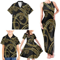 Hawaiian Kakau Art and Hisbiscus Tattoo Family Matching Tank Maxi Dress and Hawaiian Shirt Tribal Pattern-Gold Style LT03 - Polynesian Pride