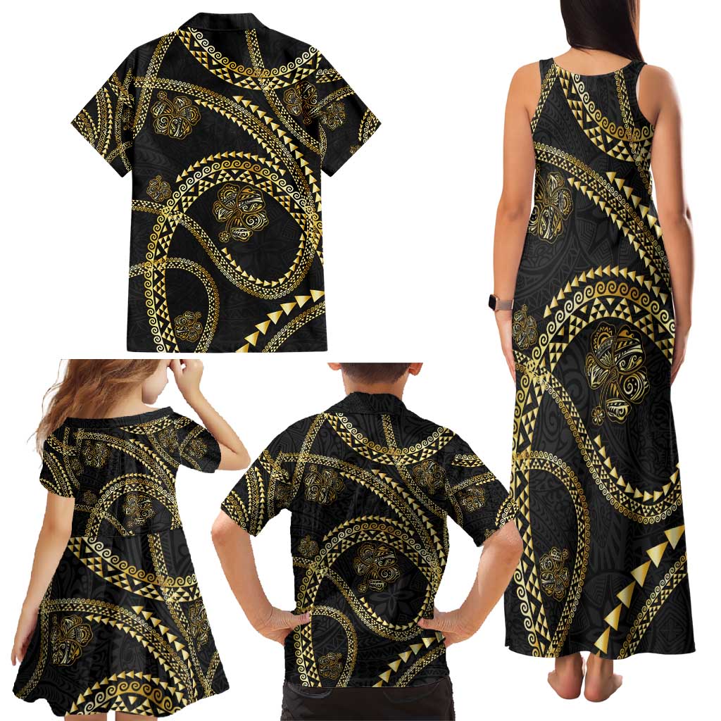 Hawaiian Kakau Art and Hisbiscus Tattoo Family Matching Tank Maxi Dress and Hawaiian Shirt Tribal Pattern-Gold Style LT03 - Polynesian Pride
