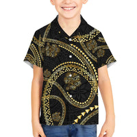 Hawaiian Kakau Art and Hisbiscus Tattoo Family Matching Tank Maxi Dress and Hawaiian Shirt Tribal Pattern-Gold Style LT03 Son's Shirt Black - Polynesian Pride