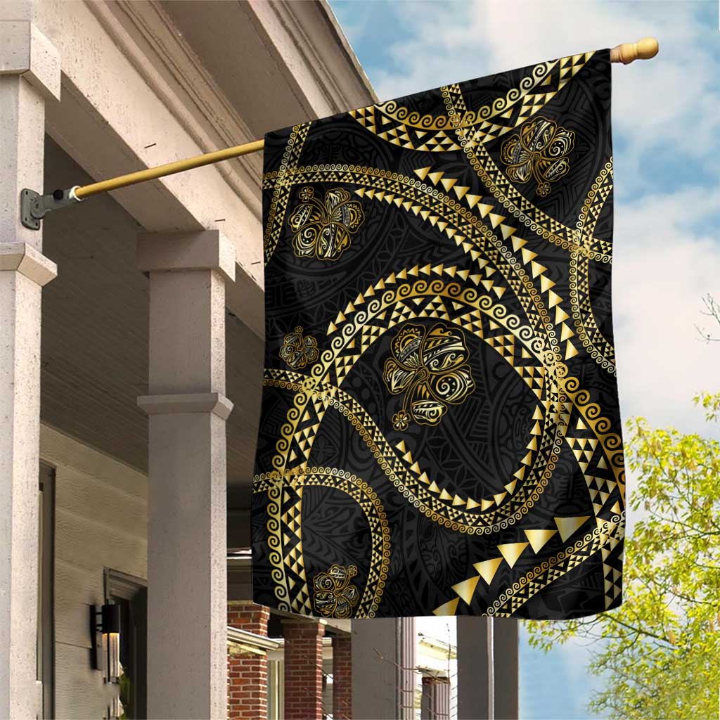Hawaiian Kakau Art and Hisbiscus Tattoo Garden Flag Tribal Pattern-Gold Style LT03 House Flag Black - Polynesian Pride