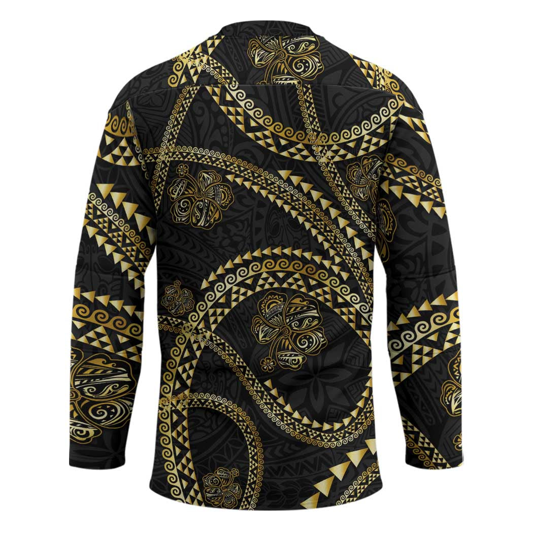 Hawaiian Kakau Art and Hisbiscus Tattoo Hockey Jersey Tribal Pattern-Gold Style - Polynesian Pride