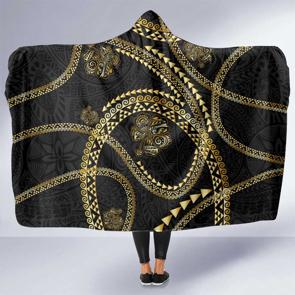 Hawaiian Kakau Art and Hisbiscus Tattoo Hooded Blanket Tribal Pattern-Gold Style LT03 One Size Black - Polynesian Pride