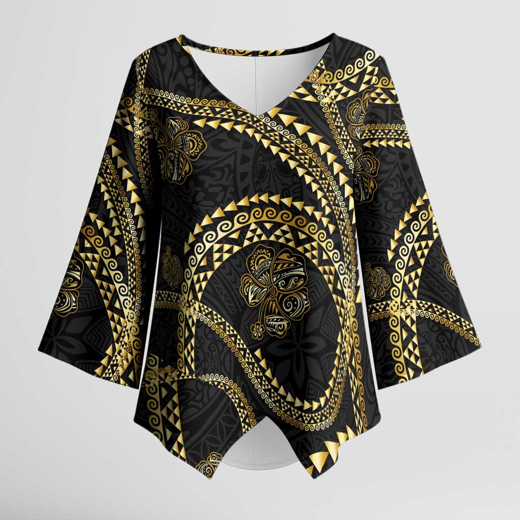 Hawaiian Kakau Art and Hisbiscus Tattoo Kimono Sleeve Blouse Tribal Pattern-Gold Style LT03 Female Black - Polynesian Pride