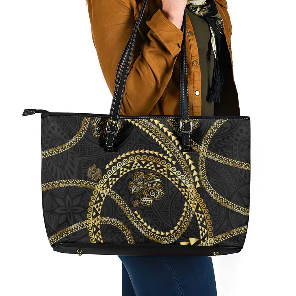 Hawaiian Kakau Art and Hisbiscus Tattoo Leather Tote Bag Tribal Pattern-Gold Style - Polynesian Pride