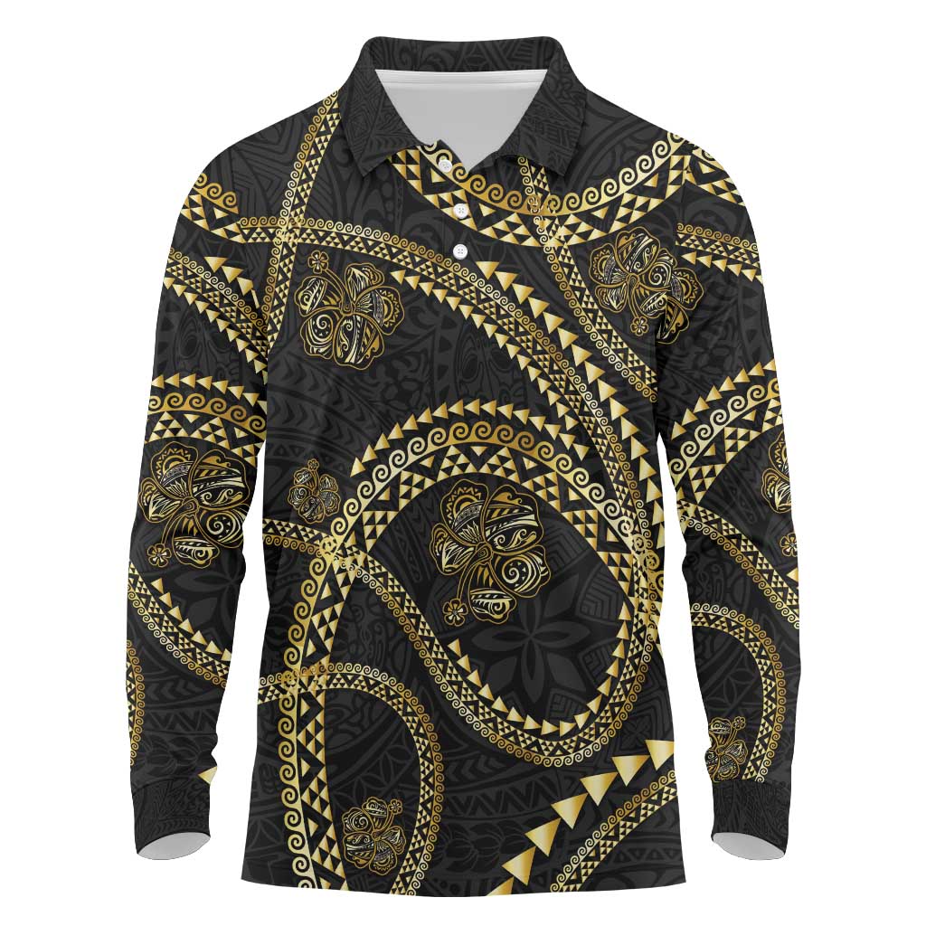 Hawaiian Kakau Art and Hisbiscus Tattoo Long Sleeve Polo Shirt Tribal Pattern-Gold Style LT03 Black - Polynesian Pride
