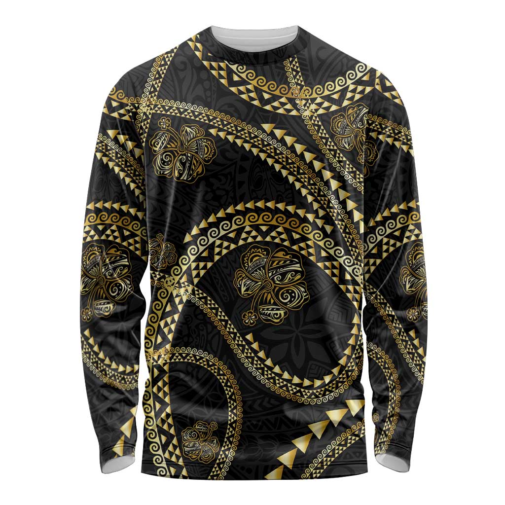 Hawaiian Kakau Art and Hisbiscus Tattoo Long Sleeve Shirt Tribal Pattern-Gold Style LT03 Unisex Black - Polynesian Pride