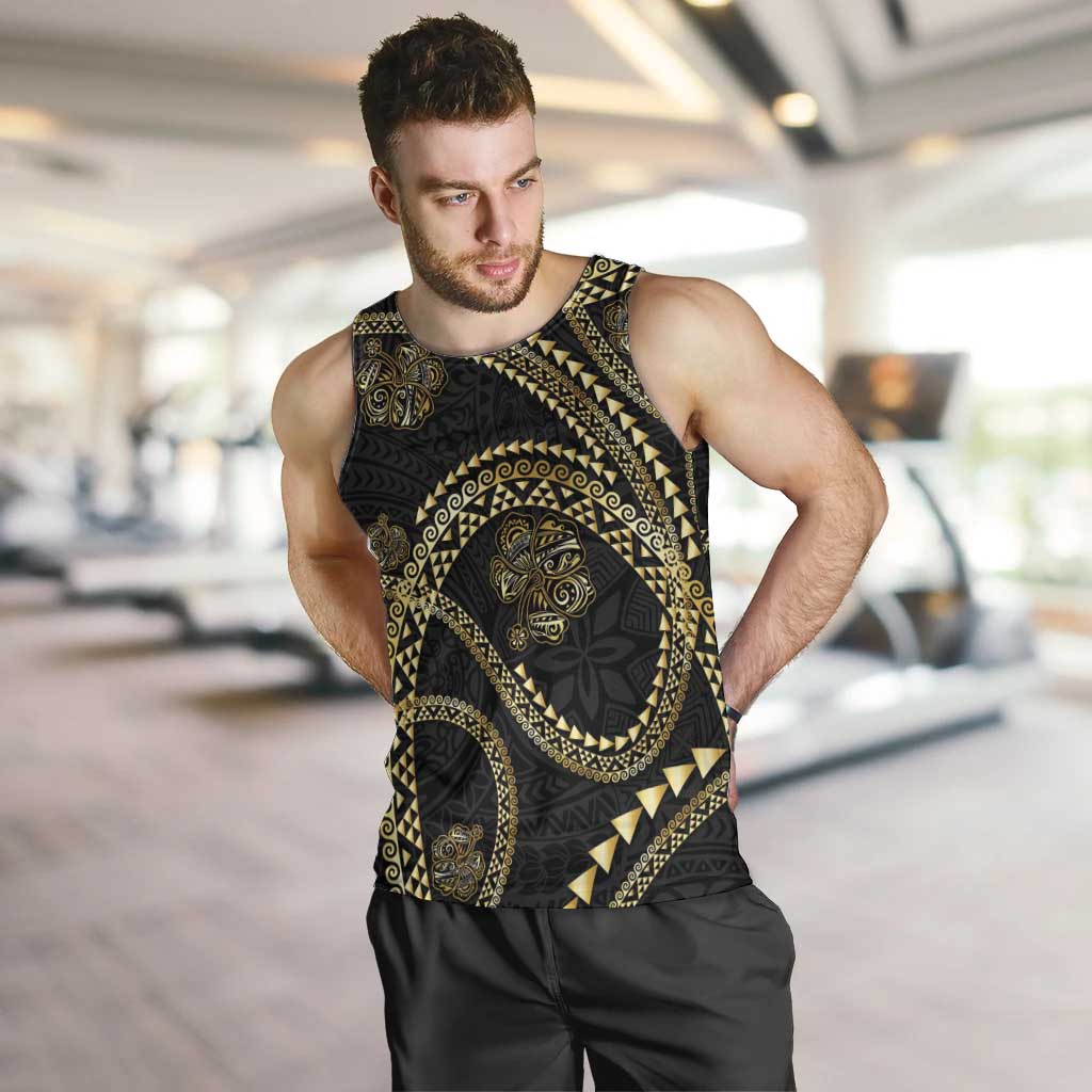 Hawaiian Kakau Art and Hisbiscus Tattoo Men Tank Top Tribal Pattern-Gold Style - Polynesian Pride