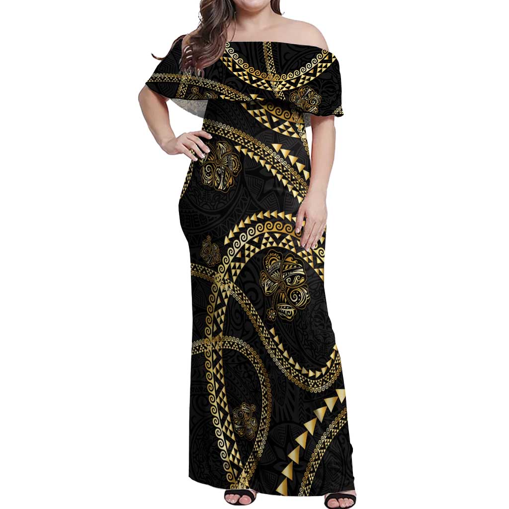 Hawaiian Kakau Art and Hisbiscus Tattoo Off Shoulder Maxi Dress Tribal Pattern-Gold Style LT03 Women Black - Polynesian Pride