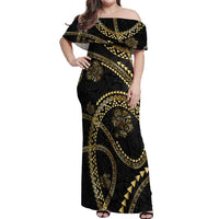 Hawaiian Kakau Art and Hisbiscus Tattoo Off Shoulder Maxi Dress Tribal Pattern-Gold Style LT03 Women Black - Polynesian Pride