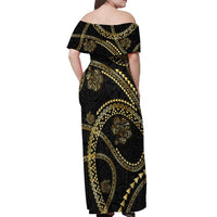 Hawaiian Kakau Art and Hisbiscus Tattoo Off Shoulder Maxi Dress Tribal Pattern-Gold Style LT03 - Polynesian Pride