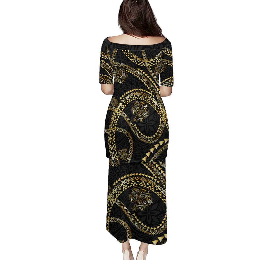 Hawaiian Kakau Art and Hisbiscus Tattoo Puletasi Tribal Pattern-Gold Style - Polynesian Pride