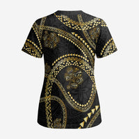 Hawaiian Kakau Art and Hisbiscus Tattoo Scrub Top Tribal Pattern-Gold Style - Polynesian Pride