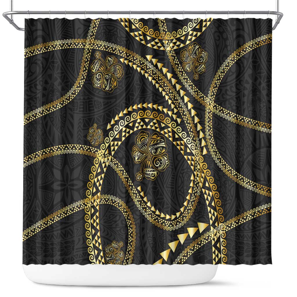 Hawaiian Kakau Art and Hisbiscus Tattoo Shower Curtain Tribal Pattern-Gold Style LT03 Black - Polynesian Pride